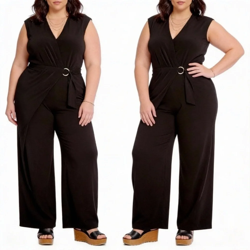 MICHAEL KORS Front Wrap Wide Leg Black Jumpsuit Size 2X NEW